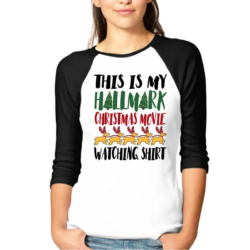 Watch Christmas Movies Graphic Reglan Sleeve T Shirt Women Autumn Winter O-Neck Tshirt Fashion Casual Female Tops Tee | Женская одежда