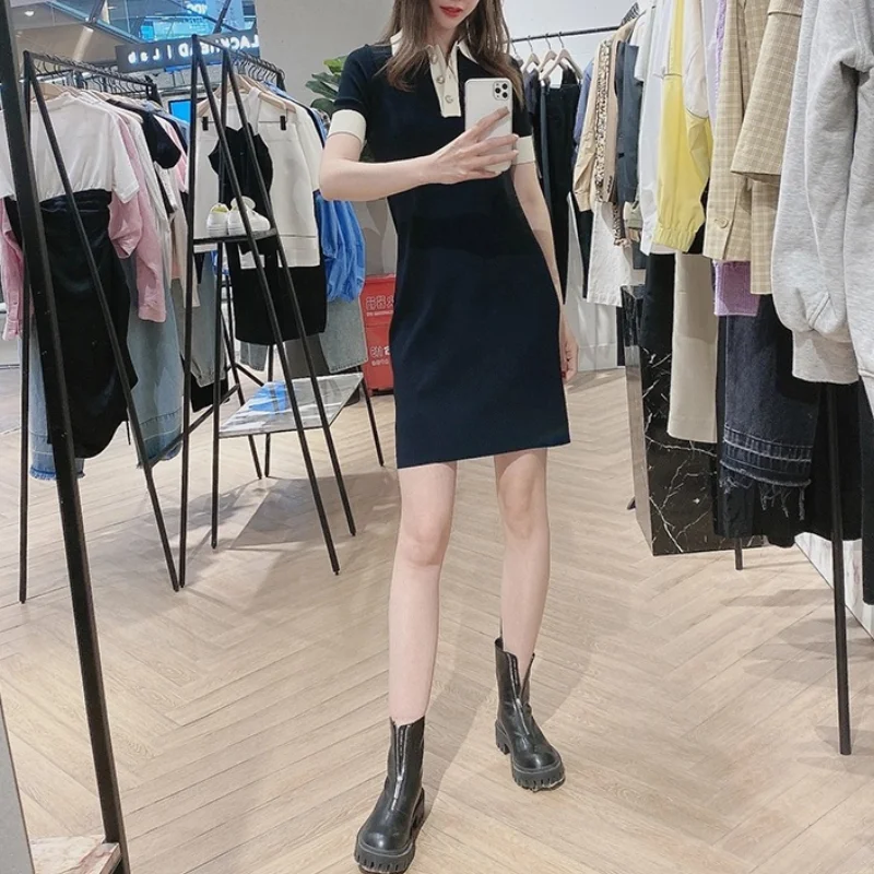 

Elegant Office Lady Contrast Color Knitted Dress Lapel Collar Short Sleeve Slim Female Dresses 2021 Spring Summer Simple Vestido
