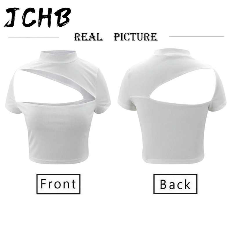 

Solid Sexy Hollow Out Short Sleeve Women T-shirts Casual Turtleneck Backless Ladies Slim Crop Tops Summer Bodycon Pullover Tops