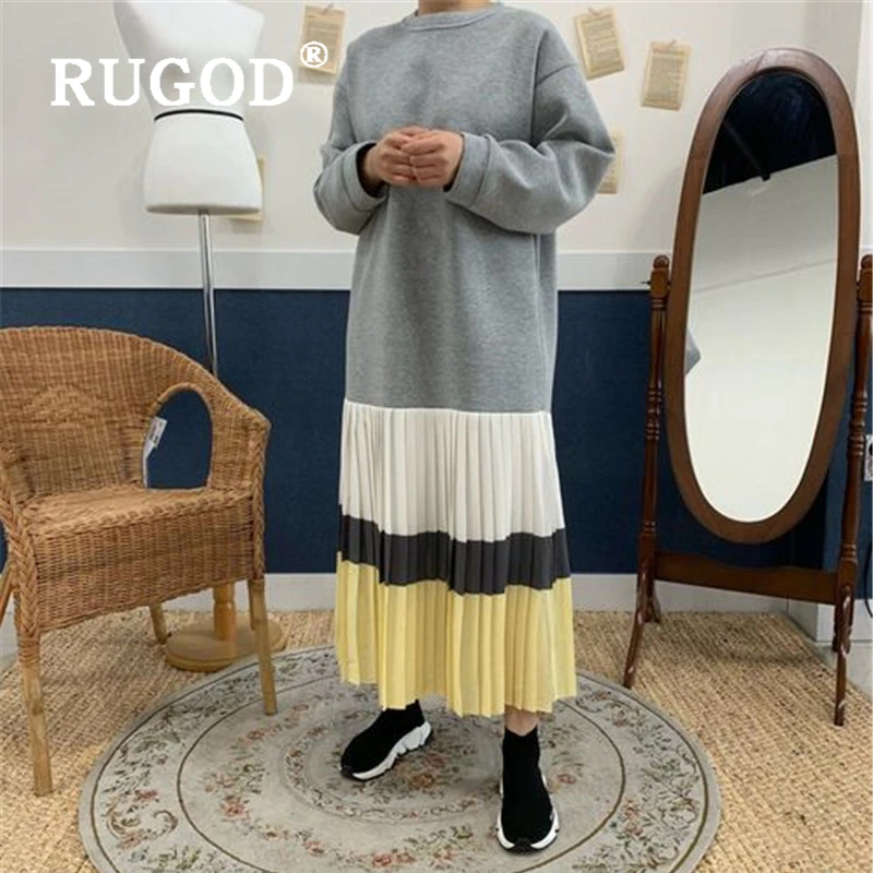 RUGOD Chic зима женское платье элегантный сплошной круглый вырез горловины прямые дамские платья свободного покроя vestido модное Утепленное зимнее платье