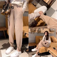 womens sports pants spring and autumn new korean fashion loose fitting leisure belt pocket high waist lantern knitted trousers