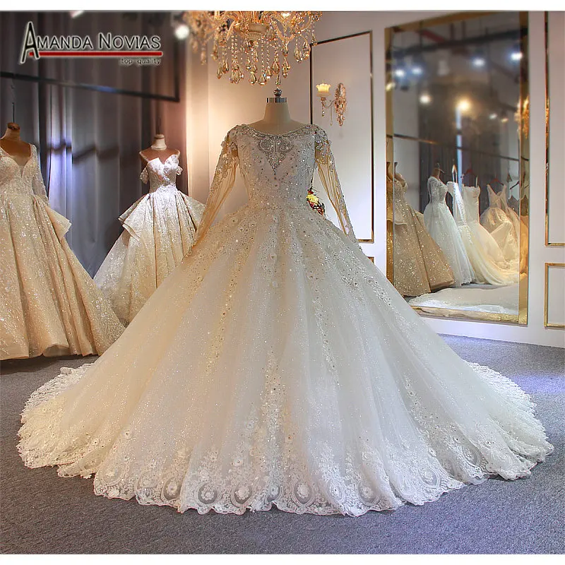 Heavy beading ball gown wedding dress custom order sizes with long sleeves bridal dress