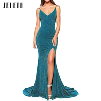 jeheth sexy sparkle prom dresses 2022 luxury mermaid spaghetti straps deep v neck split backless long gown robe de soir%c3%a9e femme