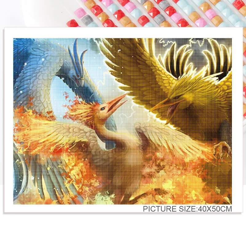 

Diamond Painting Anime Color Phoenix Green Dragon Yellow Hair Muscular Man Attacking Female Warrior with Wavelength Wing Picture