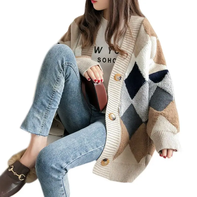 Женский кардиган с пышными рукавами и V образным вырезом ромбовидный клетчатый