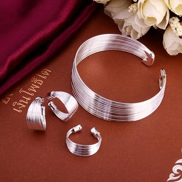 

New Fashion 925 Silver Jewelry Sets Simple Multi Line Open Bangle Rings Earring Fit For Women Wedding Jewelry