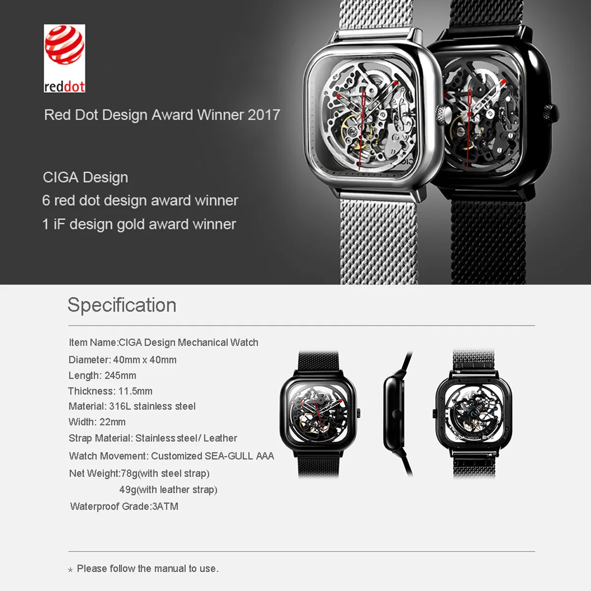Часы CIGA Design автоматические механические часы модные мужские квадратные