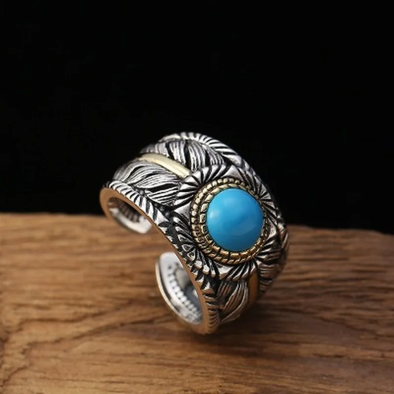 925 пробы серебро инкрустированные бирюзовый перо открытие кольцо ювелирные