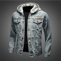 fashion brand embroidered hooded denim jacket men korean style trendy ripped loose tooling jacket light blue jacket coat xxl