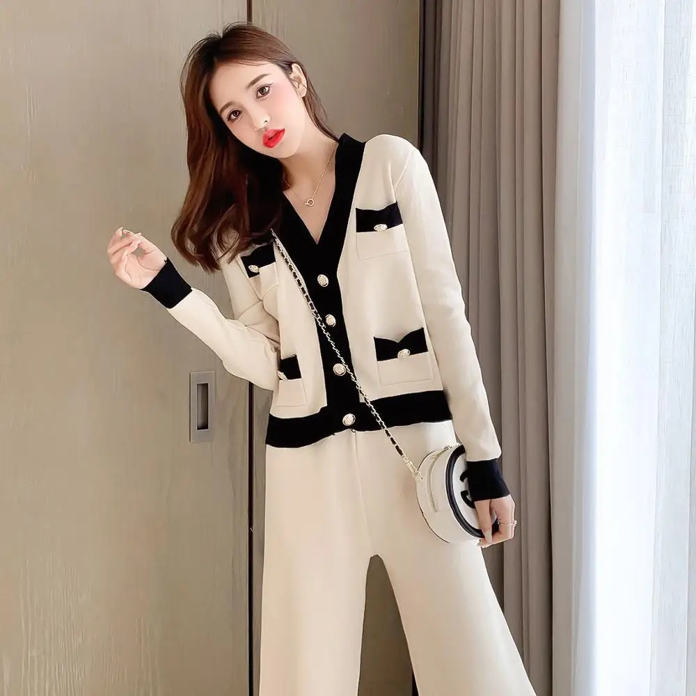 Women Autumn Cardigans Pants Suit Knitted Long Sleeve Sexy V-neck Single Breasted Sweater And Trousers Elegant Korean Office Set |