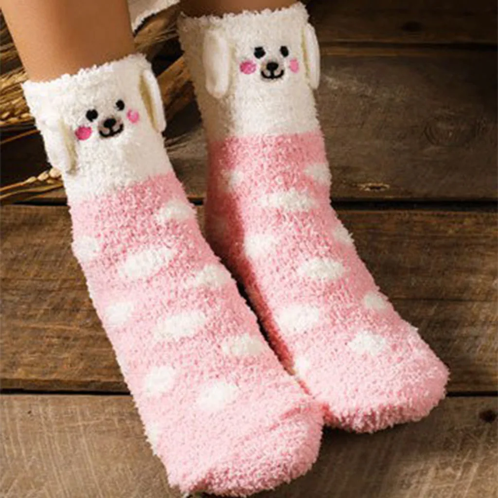 Зимние женские носки утолщенные бархатные кораллового цвета с героями