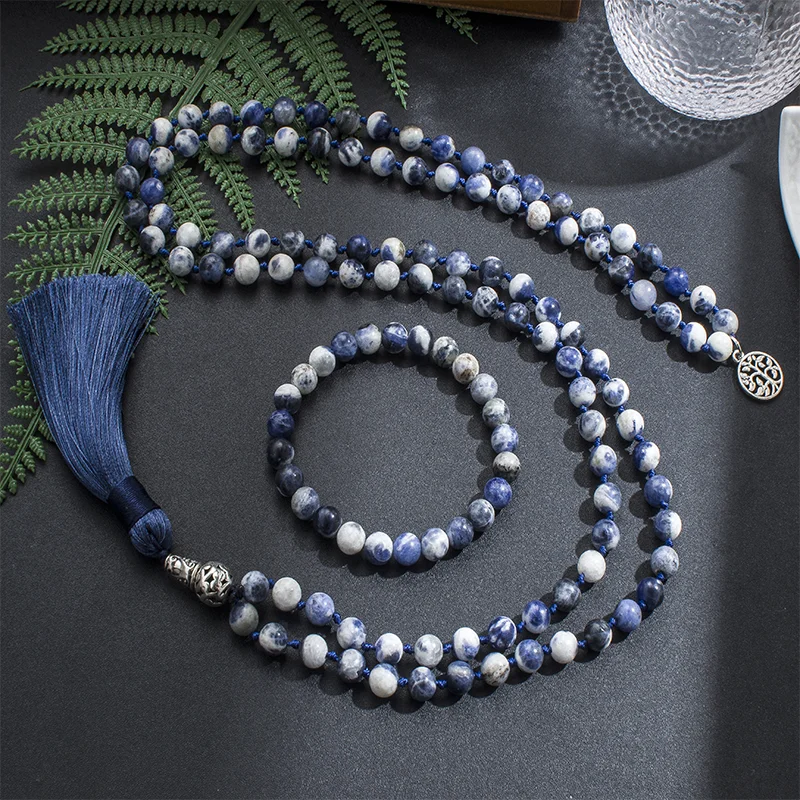 

8mm Natural Flower Blue Sodalite Beaded Knotted Mala Necklace 108Japamala Meditation Yoga Spirit Jewelry Men and Women Rosary