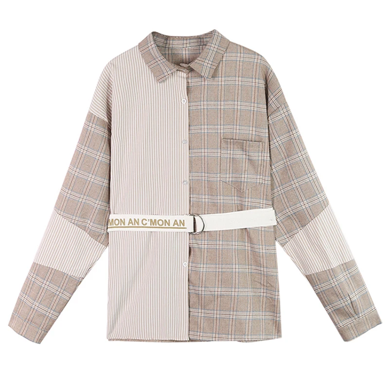

Ttytree Autumn Asymmetrical Plaid Blouses Casual shirt Women Turn-down Collar Single-breasted Letter Sashes Tops Long Shirts