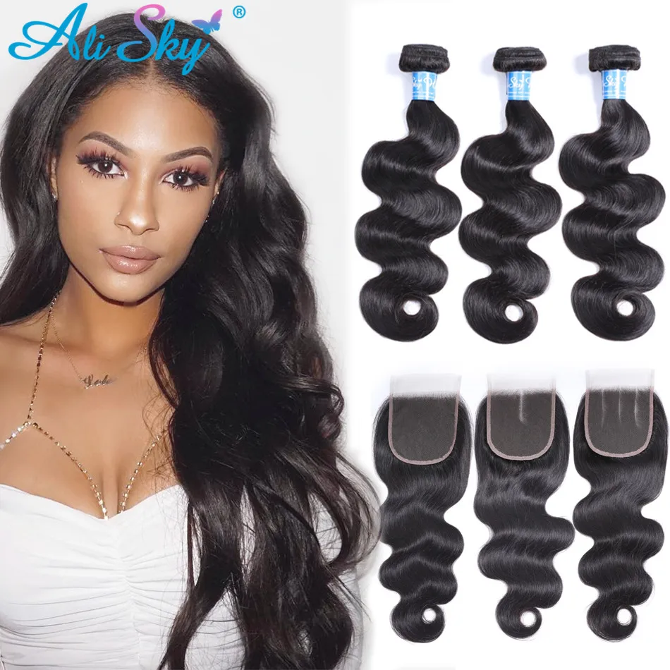 Alisky Brazilian Hair Body Wave 3 Bundles With Closure Human Hair Bundles With Frontal Closure Remy Hair Extensions Human Hair