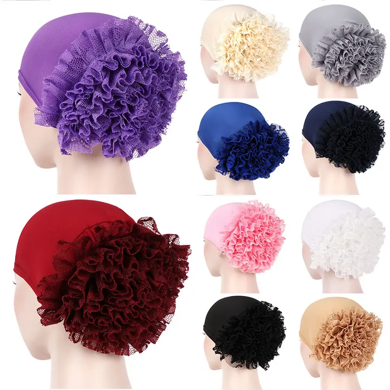

Lace Pan Flower Hat Women's Muslim Turban Cap Exquisite Pure Color Hijab Hat Big Flower Baotou Cap Bonnet Unique Elegant New