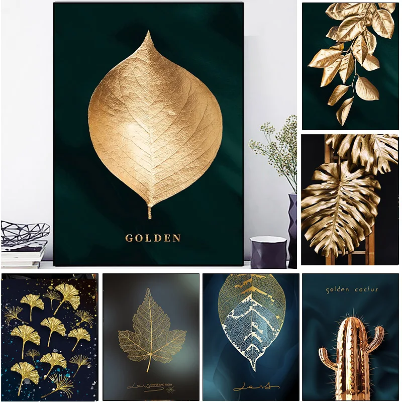 Абстрактная Картина на холсте с изображением золотых листьев и растений плакаты