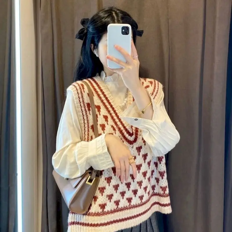 

Sweaters Women Students Sweet Ruched V-neck Knitted Sweaters Vests Japanese Style Fashion Spring and Autumn Retro College Style