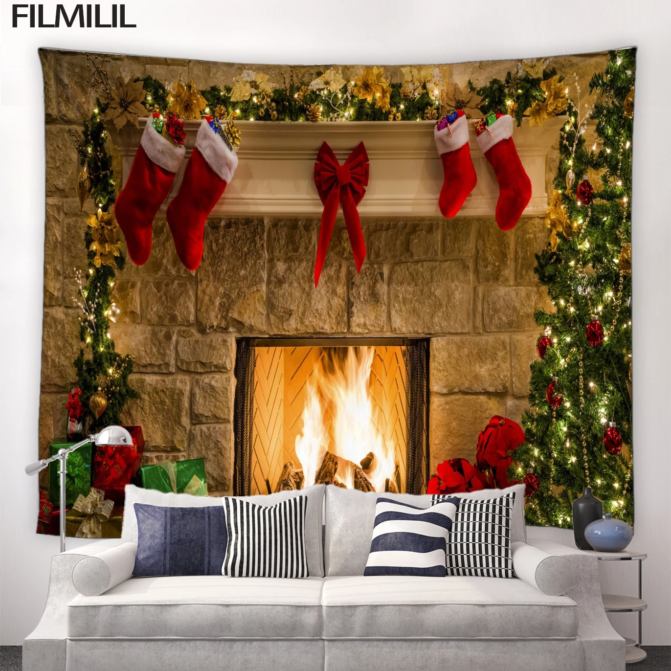 

Christmas Fireplace Tapestry Red Xmas Socks Christmas Trees New Year Party Decor Living Room Wall Hanging Tablecloth Tapestries