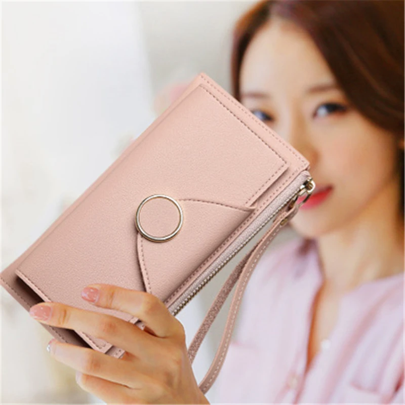 

Women's Wallet Solid Colors Long Zipper Hasp Coin Purses Female Pu Leather Solid Color Clutch Bag Ladies Wristband Card Holder