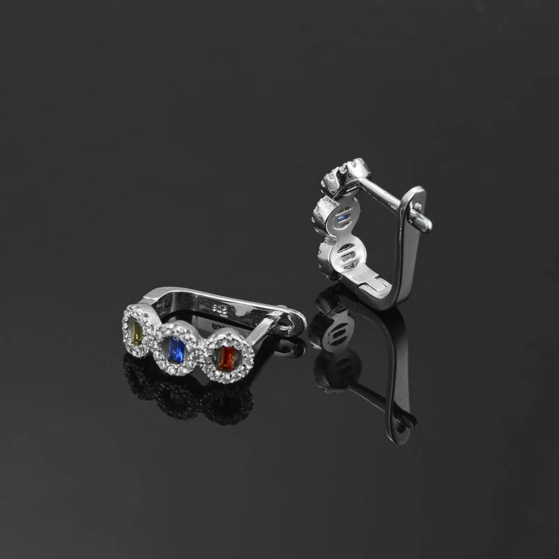 

Authentic 925 Sterling Silver DIY gift colorful CZ beautiful three round shape fine Hoop Earrings fashion luxury Party Jewelry