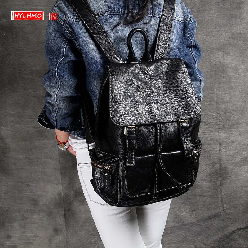 

Classic Wild Leather Women Backpack Schoolbag Female Genuine Leather Retro Casual Laptop Backpack First Layer Cowhide Ladies Men