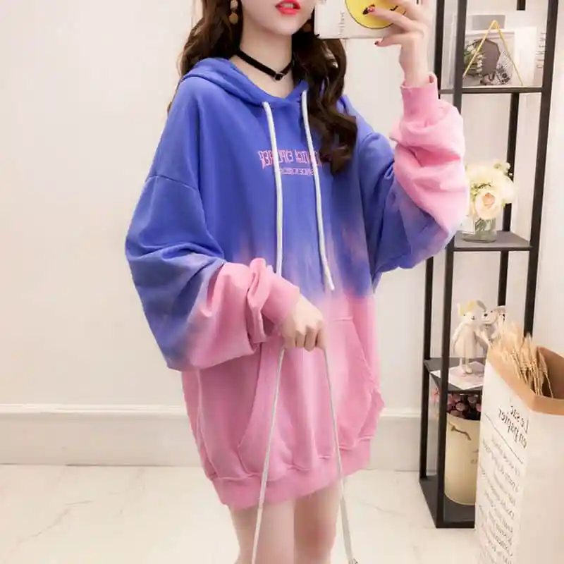 

Spring And Summer Gradient Color Hooded Women's Sweater 2021 New Korean Style Long-sleeved Top Loose Lazy Style Net Red Jacket