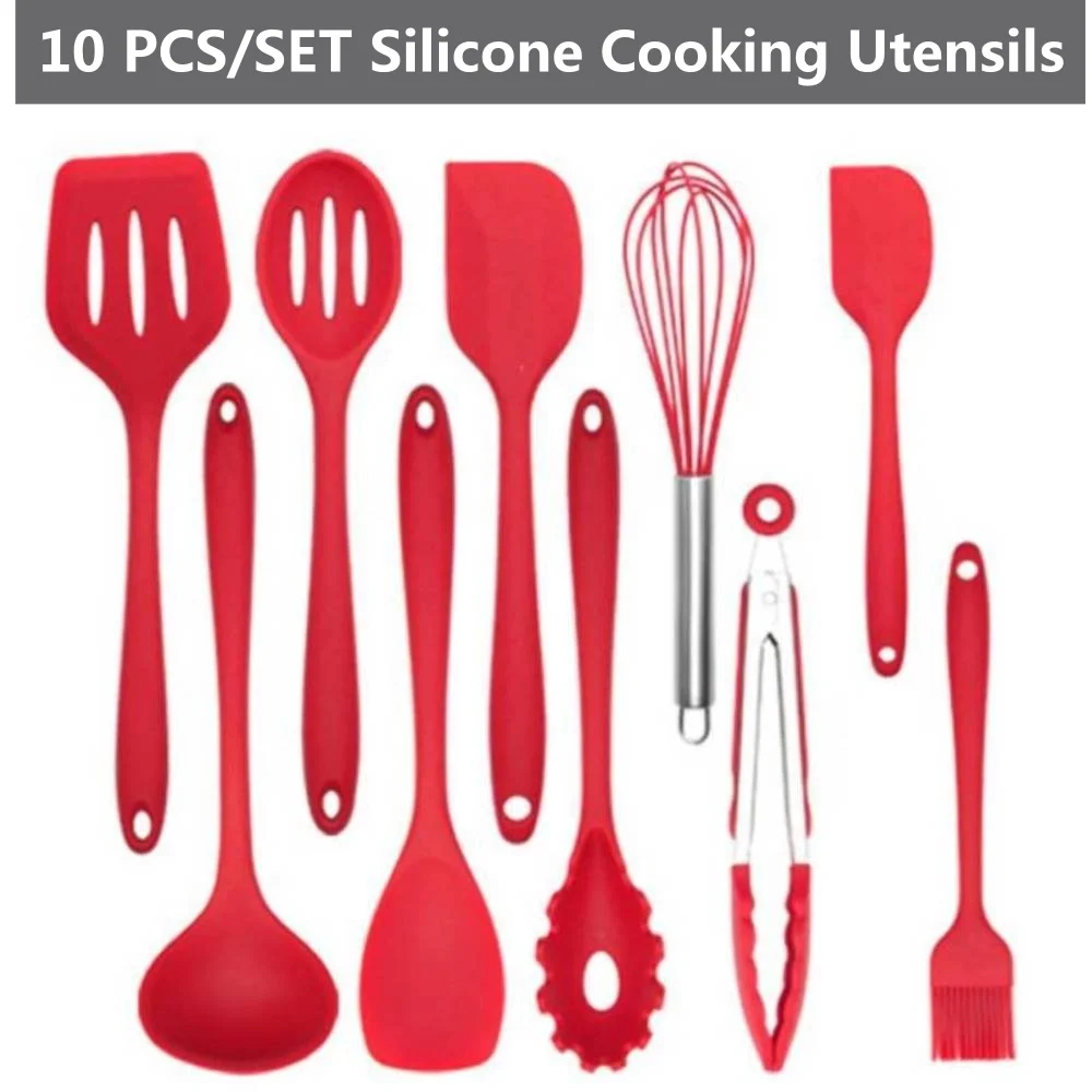 

Red Cooking Utensils 10 pcs Heat-Resistant Silicone Kitchen Cooking Tools Baking Cookware Gadgets Spatula Spoon Set