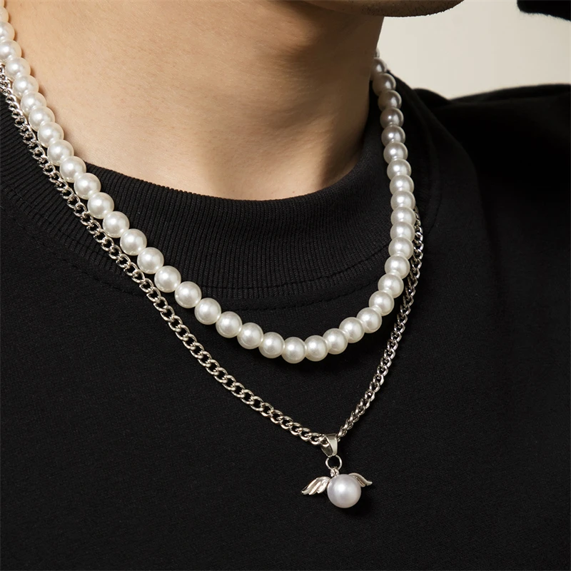 

Simple Creative Pearl Wing Pendant Necklace Trend Personality Double Layered Pearl Clavicle Chain Men's Jewelry Best Gift