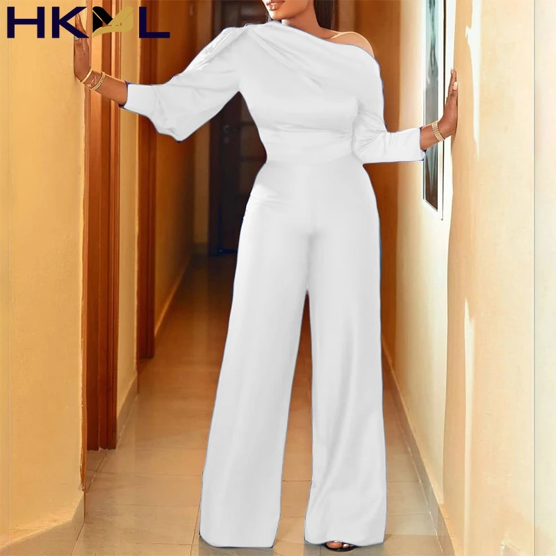 

Women Jumpsuit Solid Color Long Sleeve Oblique Collar Slim Fit Tight-Fitting Elegant Evening Party Overalls Jumpsuits