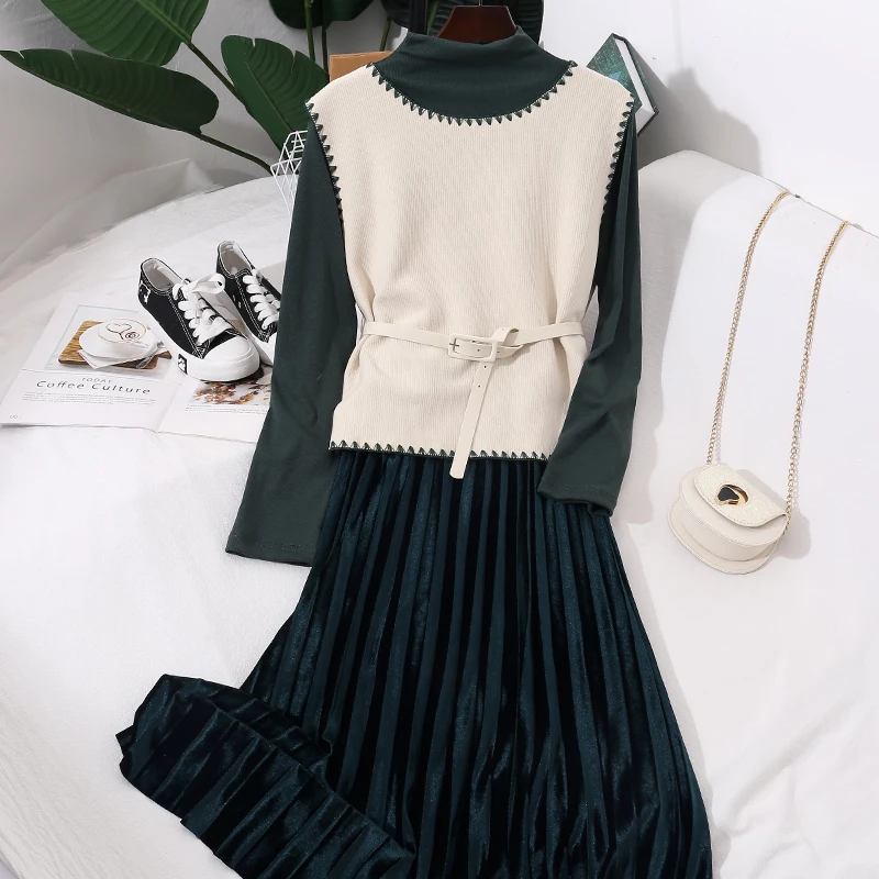 Gagarich Women Dress Two Piece Set Fashion 2019 Autumn Winter Gold Velvet Pleated Waist Belt High Collar Pullovers Female Suit | Женская