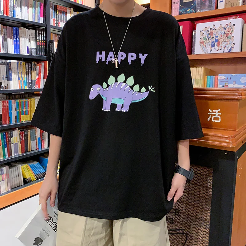 

Hip Hop Popular Cartoon Dinosaur Print Men T Shirt High Street Japanese Youth College Style Clothes Harajuku Summer Streetwear
