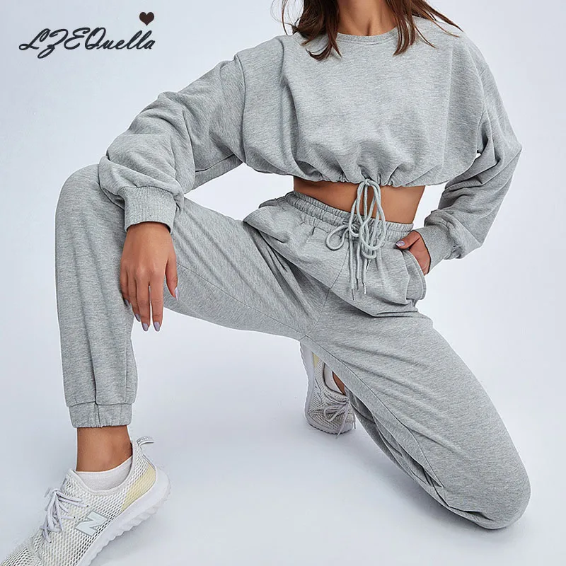 

2Pcs Sport Suit Fitness Solid Color Women's Tracksuits Pullover Sweatshirt Casual Joggers Pants Sets Sportswear Female Set