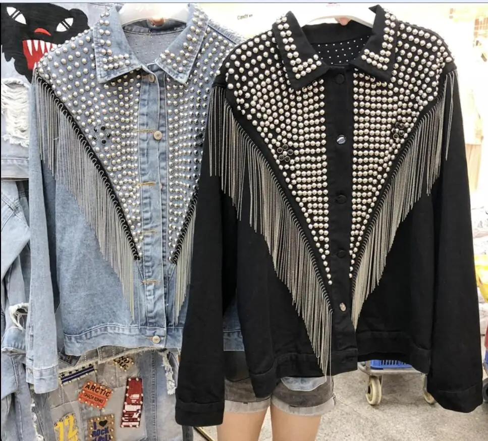 Осенняя Новая женская джинсовая куртка пальто женские свободные Тяжелая ручная