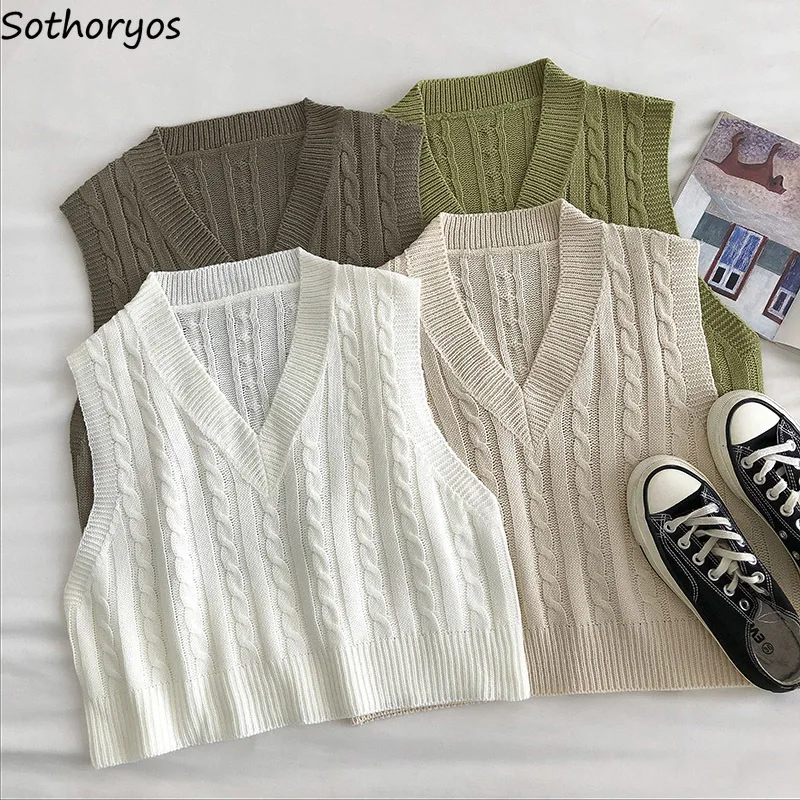 

Sweater Vest Women Solid Loose V-neck Twist Casual Sleeveless Knitted Tops Students All-match Sweet Autumn Spring Outwear Jumper