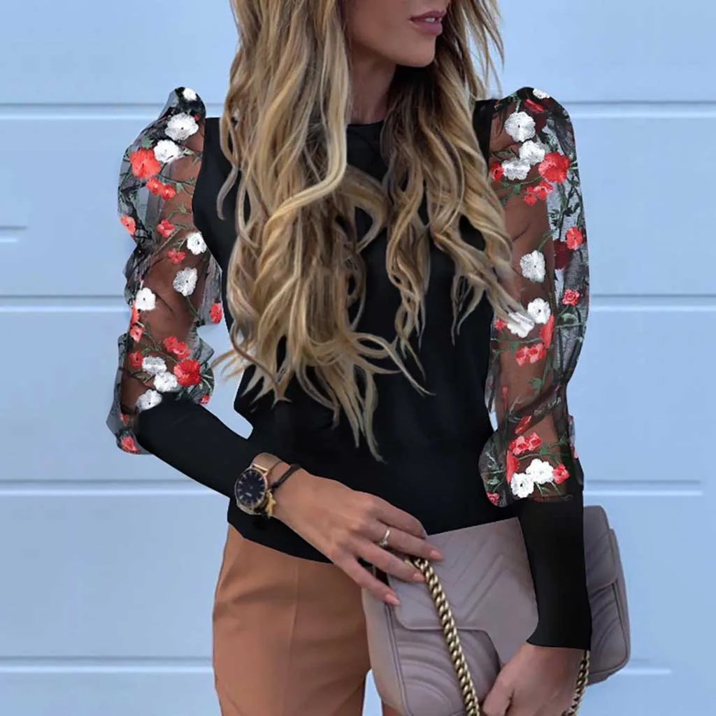 Футболка женская с длинным рукавом сетчатый топ вышивкой в стиле ретро