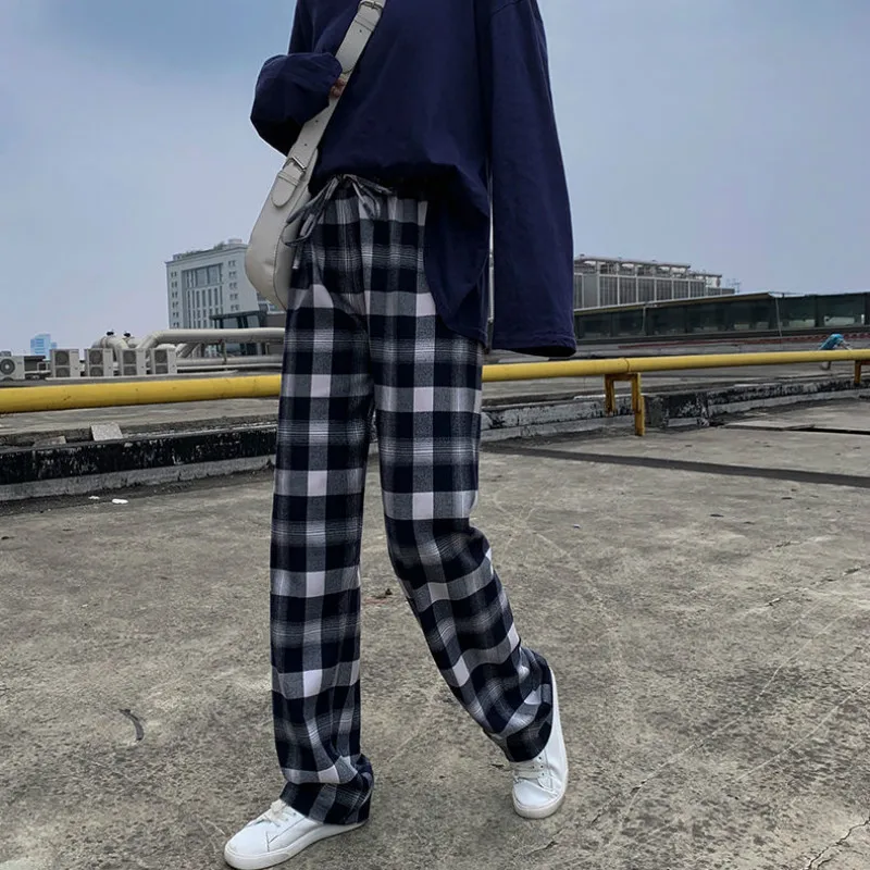 

Korean Style Wide Leg Pants Women Thin Summer Plaid Pants Plus Size Women Trousers Oversized Checkered Pants High Waist