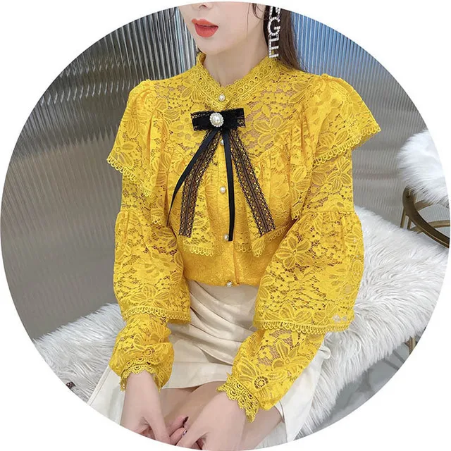 

2021 Spring Elegant Lace Blouse Shirt Women Long Sleeve Vintage Harajuku Shirts Bow Tie Ruffle Hollow Out Tops Blouses Female