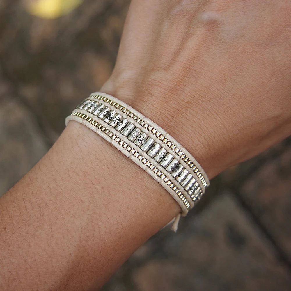 

Handwoven Unisex Rope Alloy Beads Layer Wrap Bracelet Silver Mix Cuff Beaded Bracelet with Chain