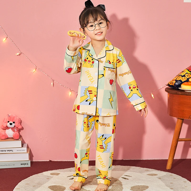 

Button-Down Spring Autumn Children Cotton Pajamas Sets Kids Girls Cartoon Long Sleeve 2 Pieces Tops+Pants Sleepwear Teen Pyjama
