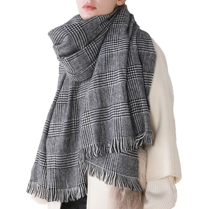 

2020 Winter Warm Acrylic Artificial Wool Scarf Women Thickened Bib Fringed Plaid Men and Women Shawls Hair Scarf