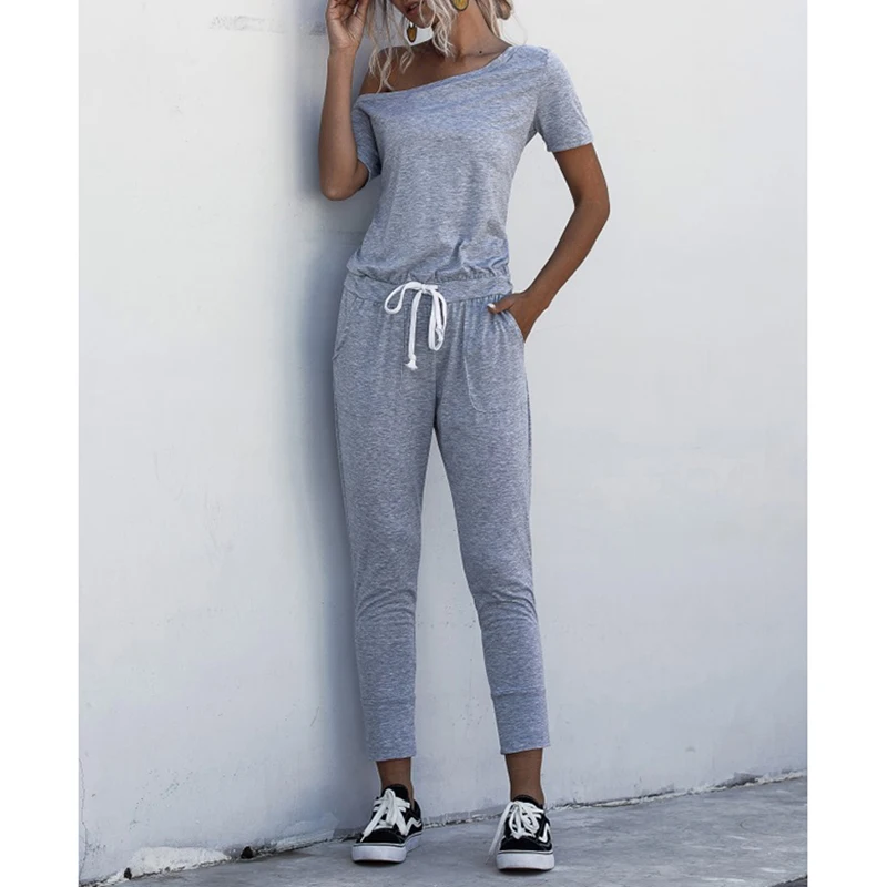 

Tie Waist Jumpsuit Women Short Sleeve Casual Loose Sportwear Pocket Solid Black One Piece Long Pant Summer Combinaison SJ8029M