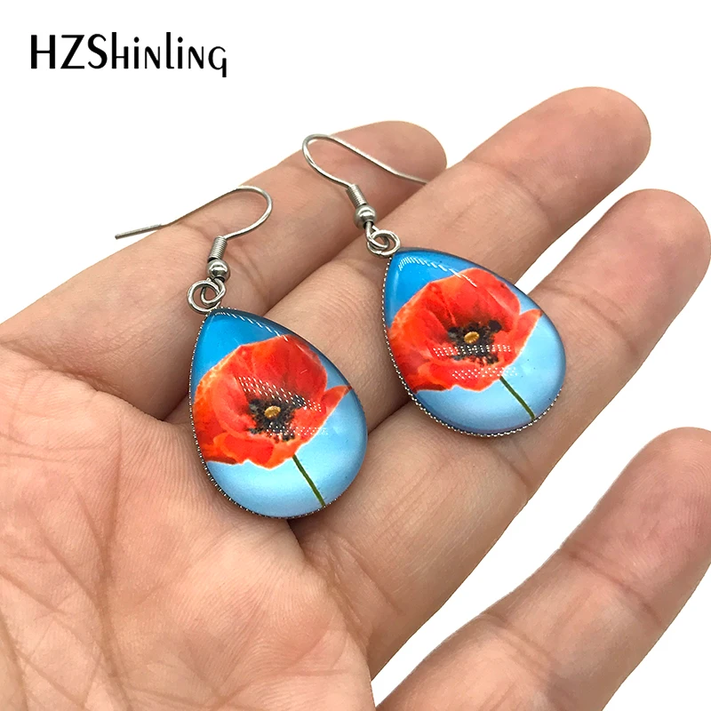 

2020 New Red Poppies Flower Oi Painting Dangle Earrings Beauty Red Flowers Paintings Patterns Stainless Steel Hook Earrings