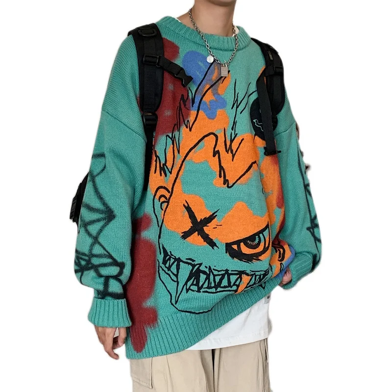 

Cartoon Graffiti Sweater Goth Pullover Jumper Women Printed Knitted Sweater Punk Streetwear Fashion Autumn Female Sweater