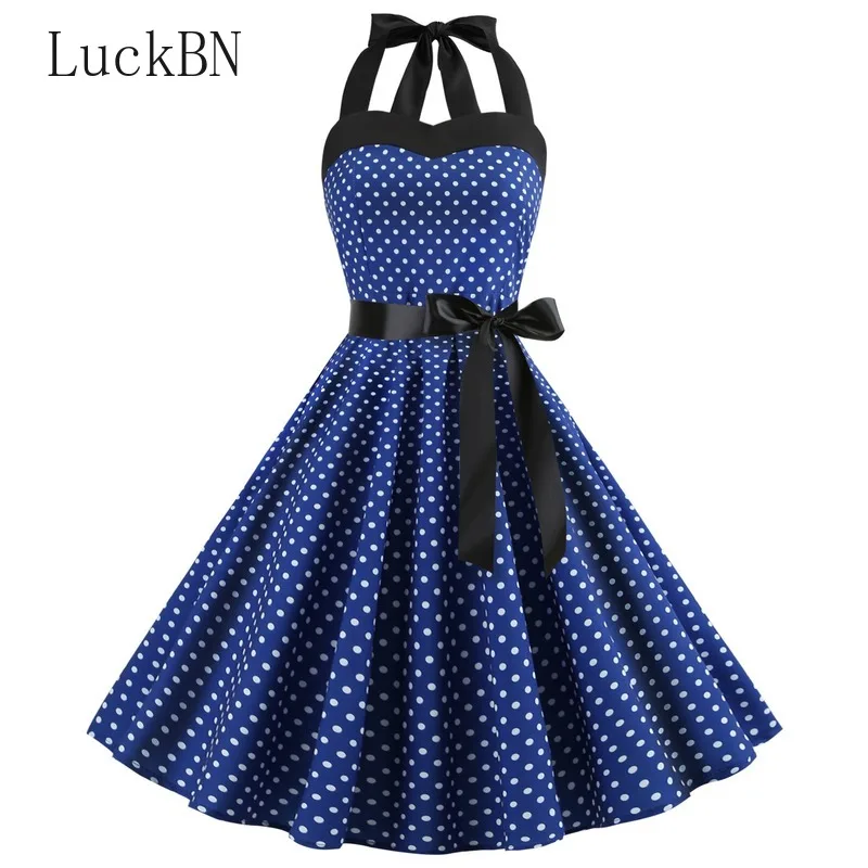 Женское винтажное платье ретро в горошек черное миди с лямкой на шее пышной юбкой