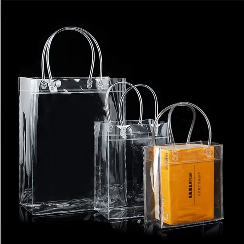 

10pcs/20pcs/lot Transparent soft PVC gift tote packaging bags with hand loop, clear Plastic handbag, cosmetic bag