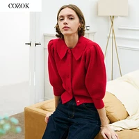 designer red cardigan for women autumn peter pan collar knitted crop sweater cardigan knitwear