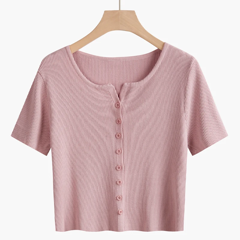 Женская тонкая трикотажная футболка, розовая эластичная Однотонная футболка с коротким рукавом и V-образным вырезом, на пуговицах, лето 2021