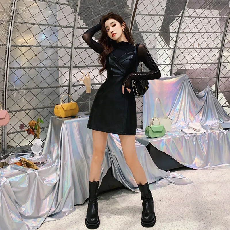 COIGARSAM модное женское цельное платье корейское зимнее на тонких бретелях с