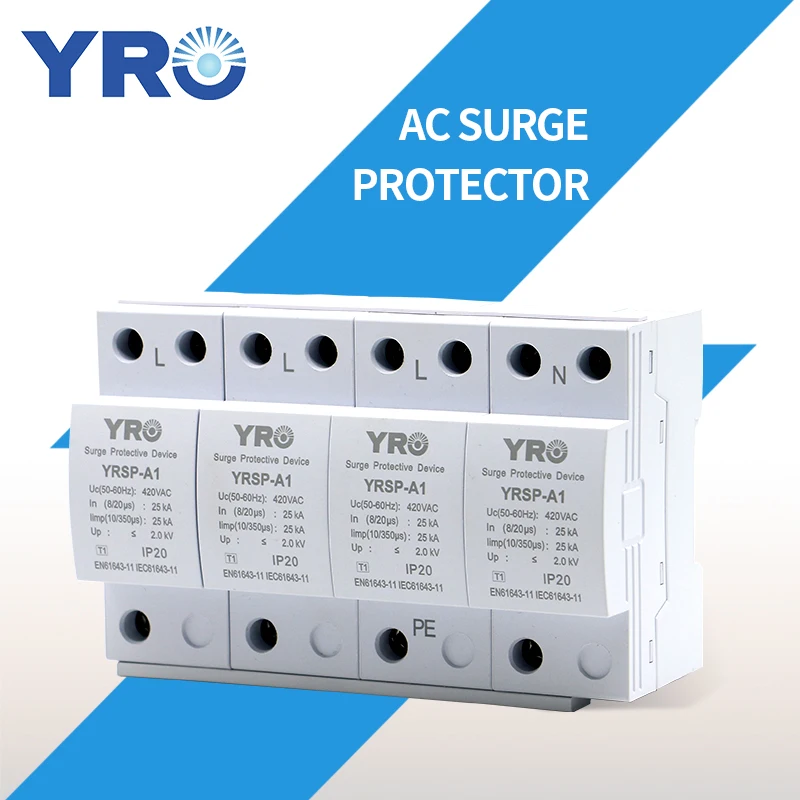 

AC SPD 4P Iimp: 25KA 385V House Lightning Surge Protector Protective Low-voltage Arrester Device OEM Factory YRSP-A1