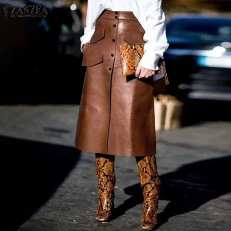 2020 ZANZEA Spring Women Faux Leather PU Skirt Stylish High Waist Office Lady Midi Pencil Knee-Length Womens | Женская одежда